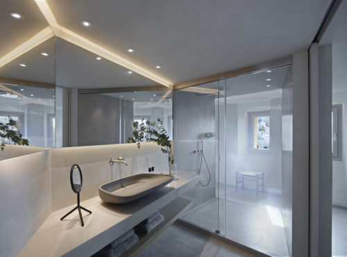 A  bathroom with shower and glass walls.